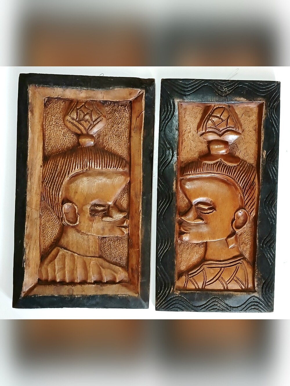 Hand Carved Vintage African Wood Wall Plaques — Pair in Warm Brown and Black